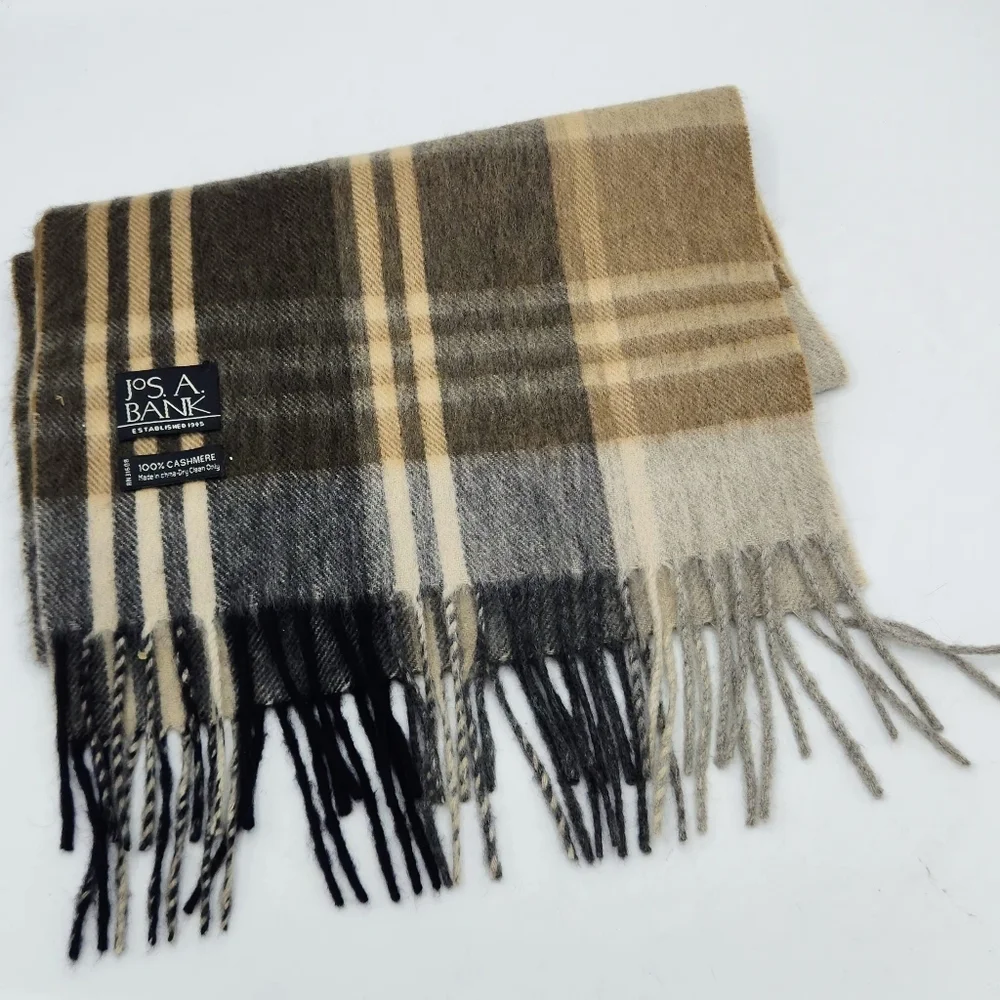 Joseph A Bank Cashmere Plaid Scarf In Cream Brown Tan Grey With Frange 70